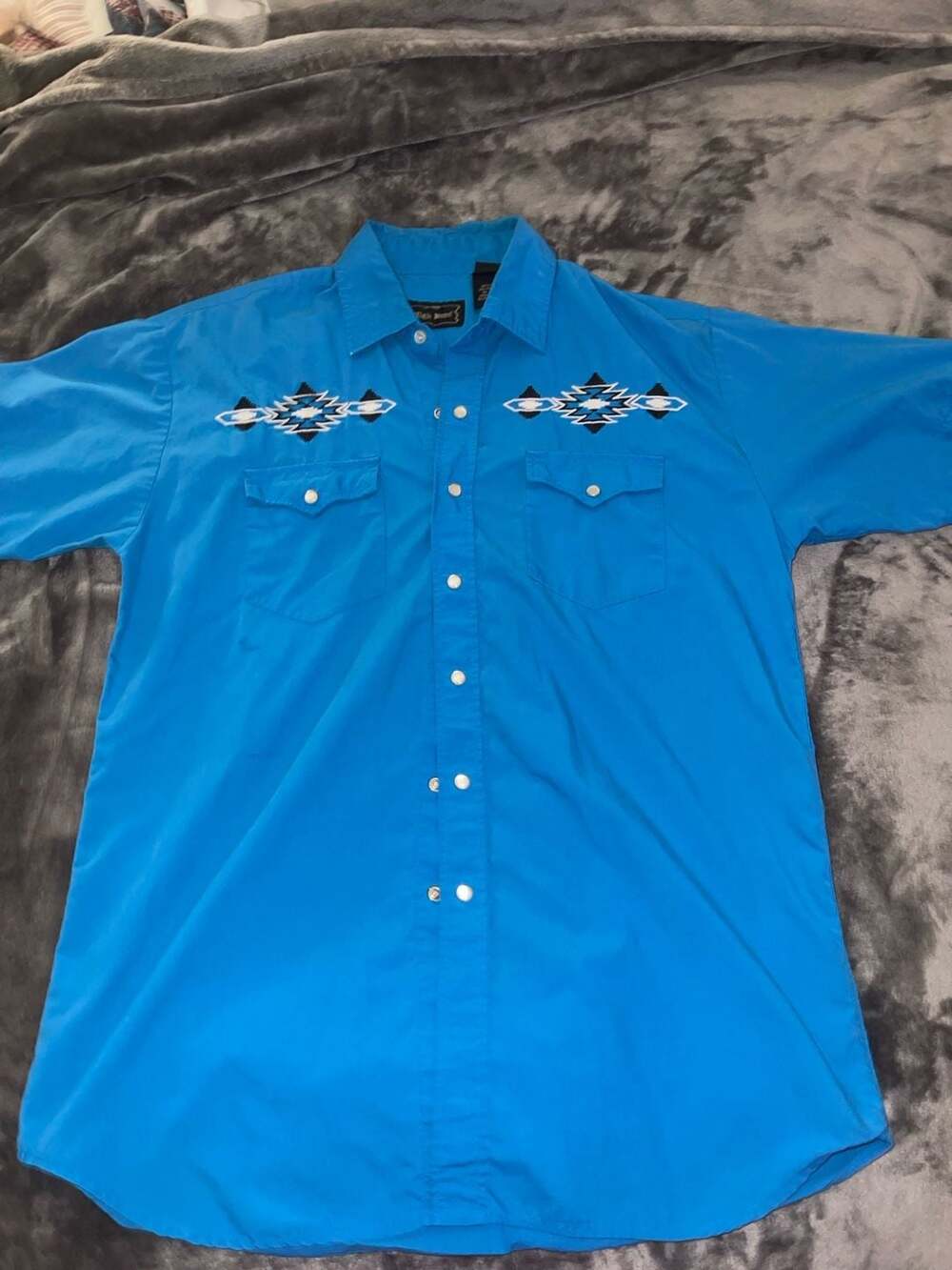 High Noon Men's Blue Short Sleeve Embroidered Western Pearl Snap Size Medium
